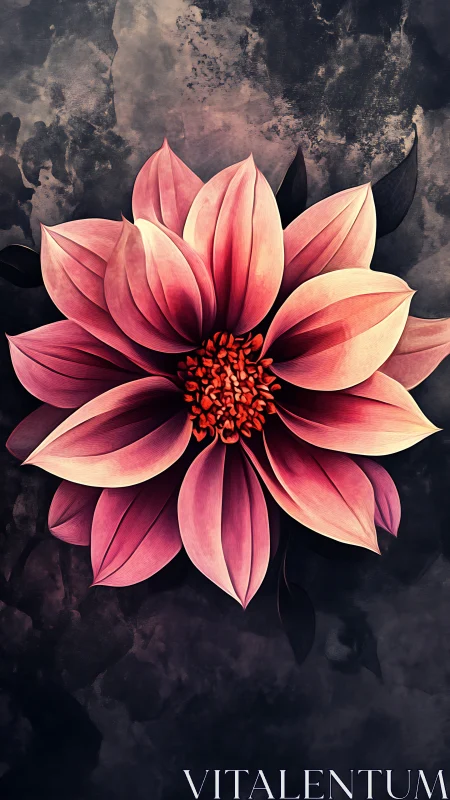 Pink dahlia macro bloom over textured charcoal ground.