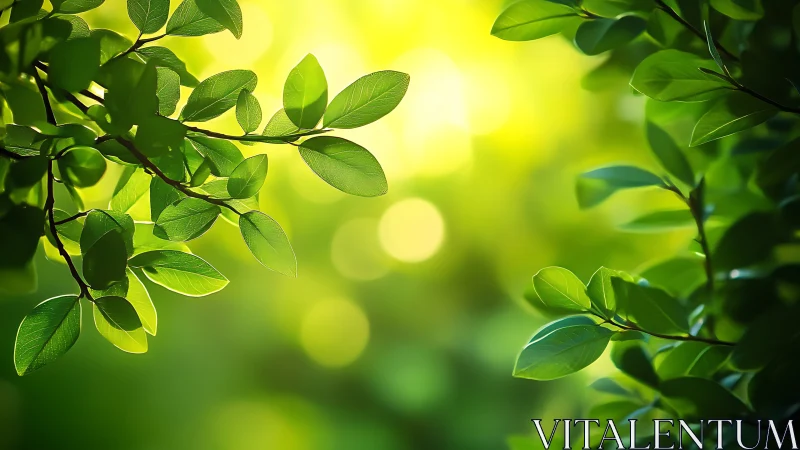 Sunlit Green Leaves with Soft Bokeh Background, Nature Photography.