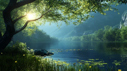 Calm forest lake under morning sun with mountains beyond.
