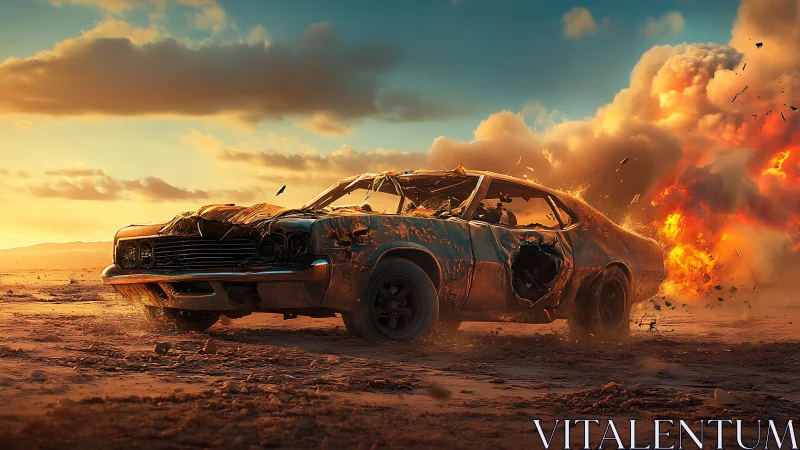 Rust-scarred muscle car erupts beside desert fireball.