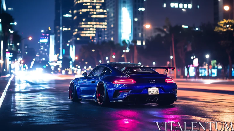 Blue sports coupe idles under neon city lights at night
