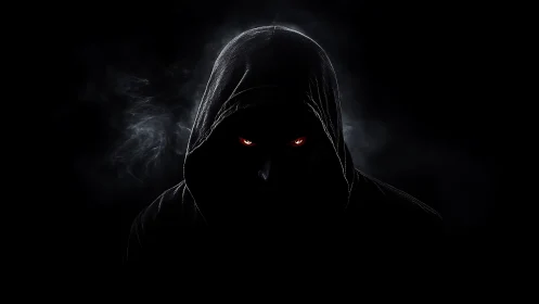 Hooded shadow with glowing eyes in a smoky night haze.
