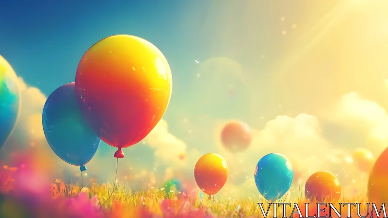 Colorful Balloons Drifting Over Vibrant Wildflower Meadow at Sunset