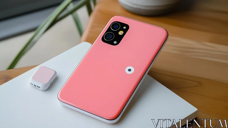 Coral-Pink Smartphone with Dual Camera Array and White Power Bank