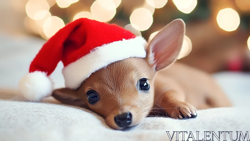 Small dog in Santa hat on blanket with blurred lights.