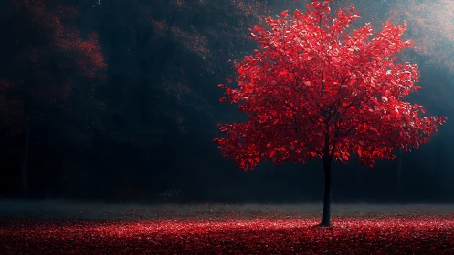 Solitary crimson tree blazing against a shadowed forest.