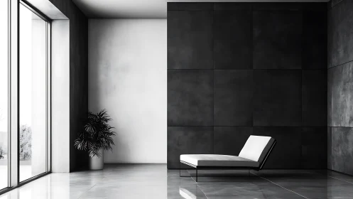 Calm minimalist lounge corner with soft light and greenery.