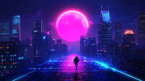 Neon city wanderer under a glowing pink cyber moon.