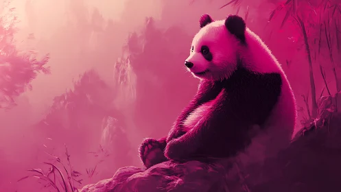 Dreamy pink panda resting in a misty bamboo wonderland.