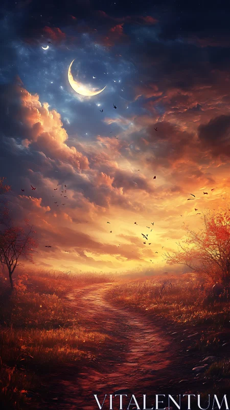 Crescent moonway over ember fields at the edge of dusk.