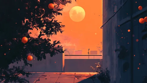 Moonrise over rooftop orchard in glowing tangerine dusk.