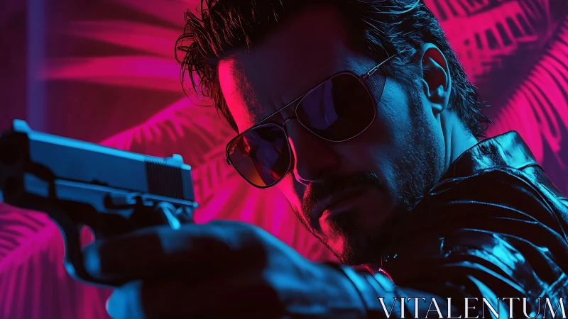 Armed neo-noir hitman aims pistol under neon palm lights