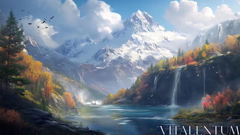 Snow-covered mountain, lake, waterfalls and autumn forest.