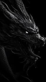 Monochrome side profile of detailed serpentine dragon head.