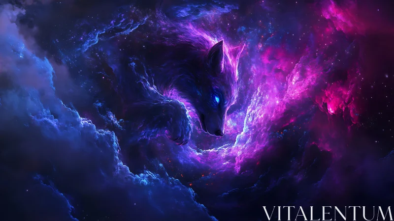 Cosmic wolf guardian drifting through glowing violet nebula.
