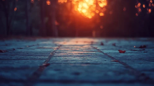 Low-angle paved path in shallow focus against warm sunset bokeh
