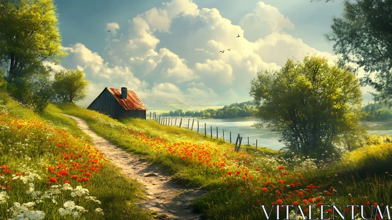 Sunlit country path winds past a lakeside cottage in bloom