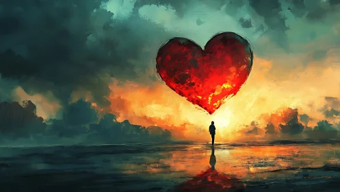 Luminous Heart Suspended Over Dramatic Seascape Sunset
