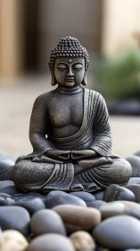 Quiet Buddha statue resting among smooth river stones.