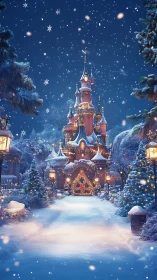 Snow covered fairytale castle glows with warm winter lights