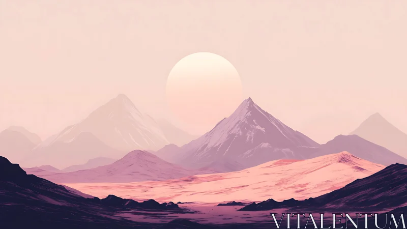 Pastel alien mountains under oversized rising sunscape.