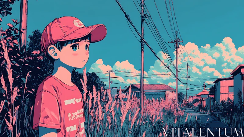 Anime boy in pastel rural street under power lines.