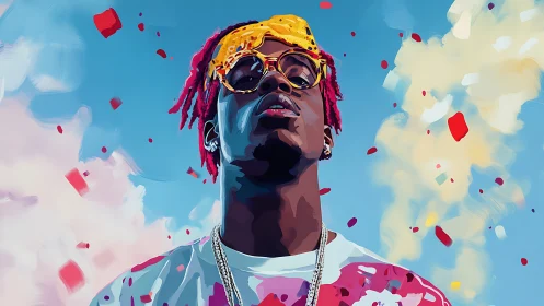 Vibrant stylized portrait of a youth under confetti sky