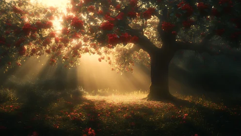Digital painting of sunlit flowering tree with cinematic glow.