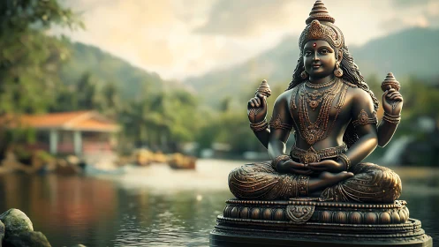 Bronze Hindu deity statue by tranquil lakeside village at dusk
