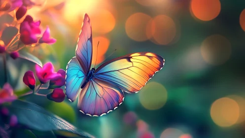 Colorful butterfly on flowers in glowing garden light.