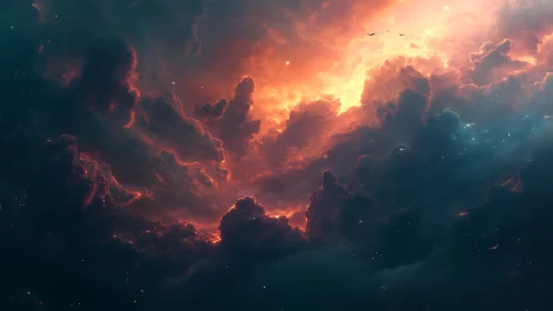 Celestial storm clouds glowing with fiery nebula light.