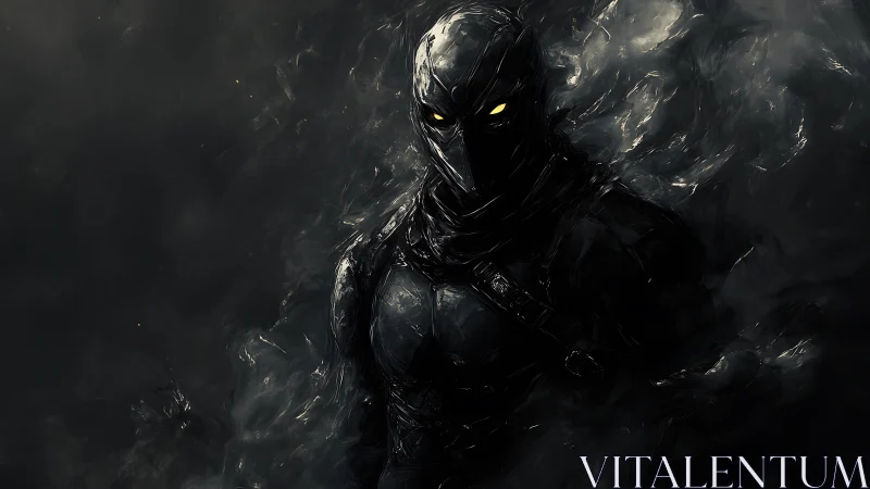 Dark armored bird-masked warrior emerging from swirling smoke.