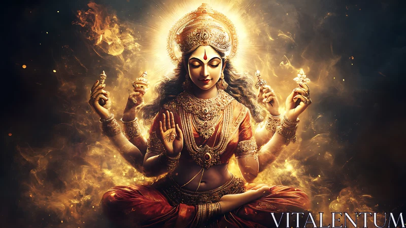 Radiant multi-armed goddess sits in blazing golden aura
