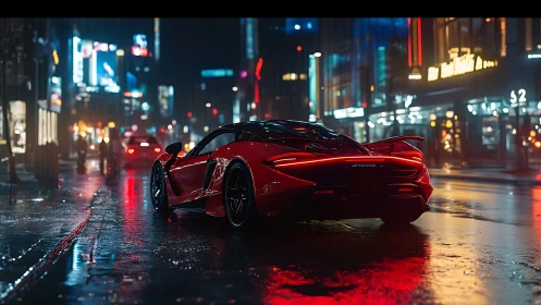 Red sports car on wet city street under night rain.