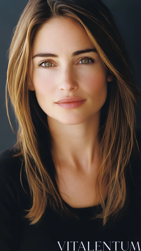 Calm young woman gazes forward in soft natural studio light
