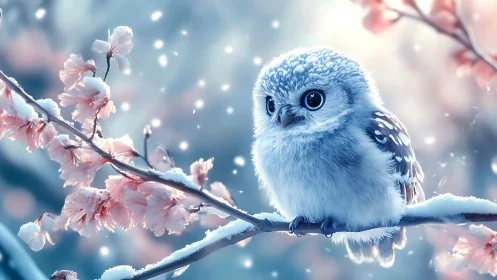 Cute baby owl on snowy branch with cherry blossoms, dreamy style.