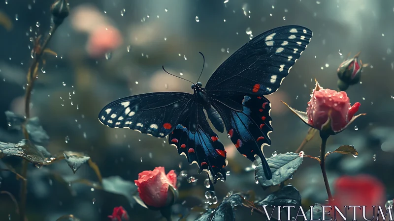 Black butterfly on roses in rainfall with soft bokeh background.