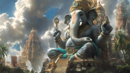Colossal Ganesha statue amid ornate temple complex scene.