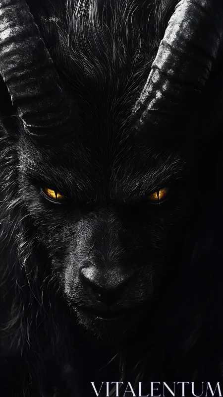 Demonic horned beast stares forward with blazing golden eyes