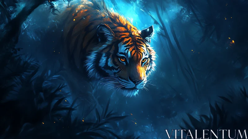 Luminous tiger prowls through a misty neon-blue jungle night