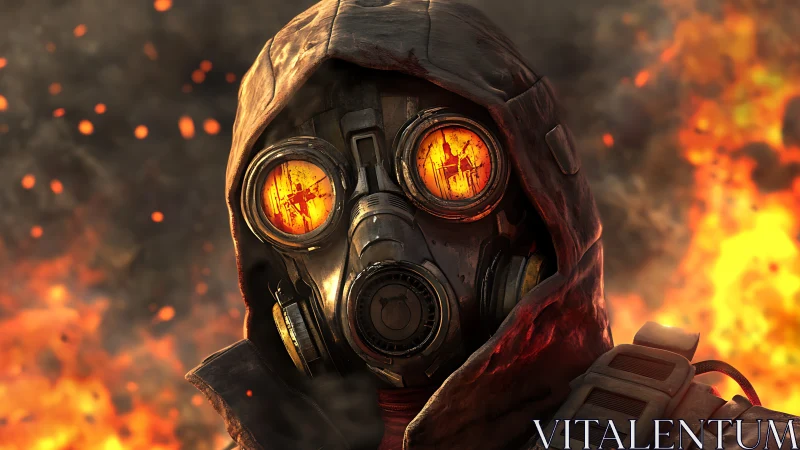 Post-Apocalyptic Survivor in Gas Mask Among Flames.