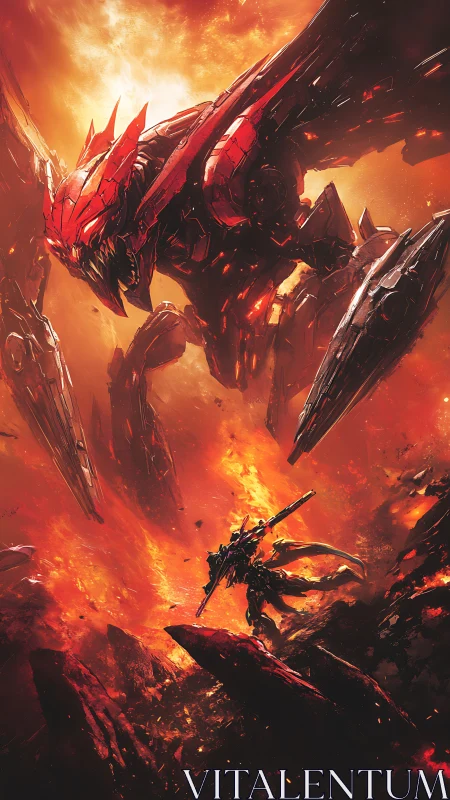 Giant red mech towers over lone warrior in fiery battle scene.
