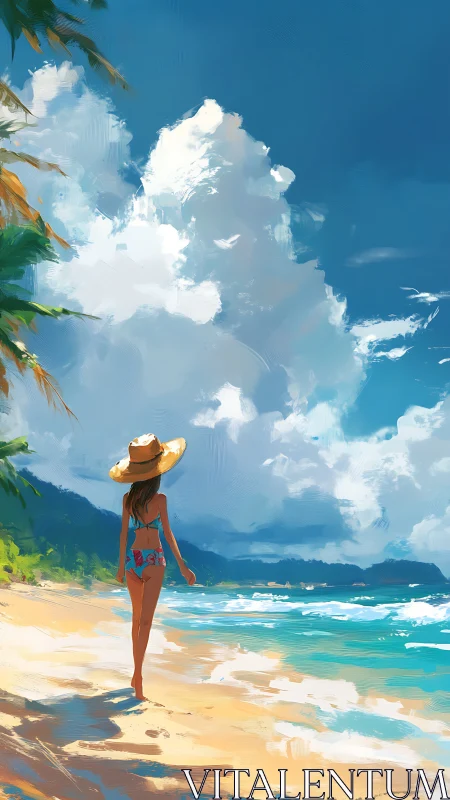 Sunlit beach stroll under towering tropical clouds.