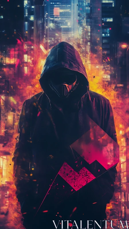 Hooded masked figure in fiery neon cyberpunk cityscape.