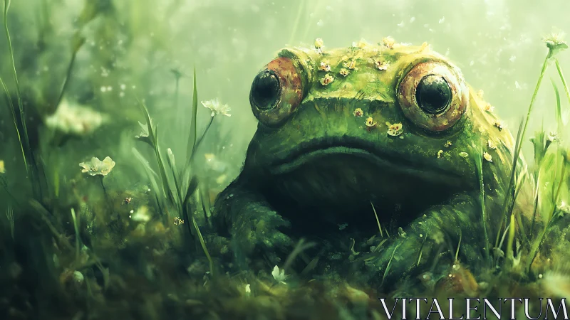 Giant mossy frog resting in misty wildflower meadow.