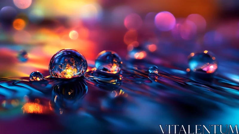 Macro view shows liquid droplets on reflective, colored surface