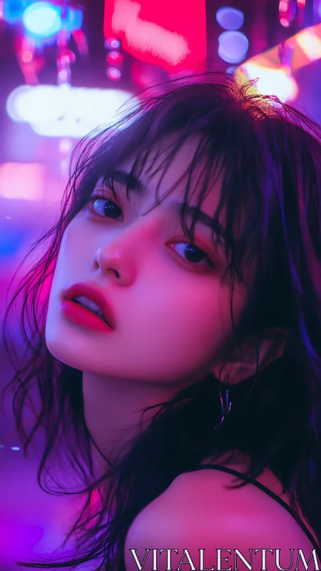 Neon-lit portrait with high-contrast bicolor rim lighting and depth blur