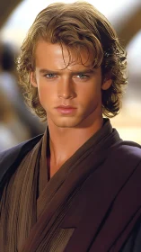 Stoic young warrior in brown robes, cinematic portrait.