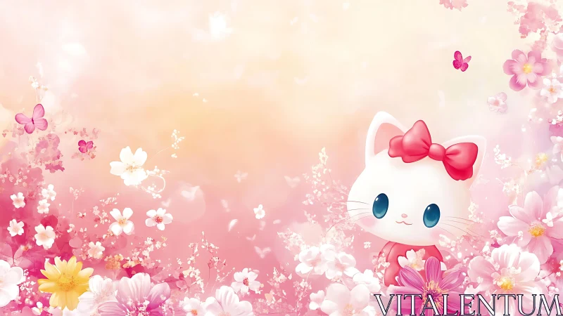 Sweet white kitten with pink bow in dreamy spring garden.