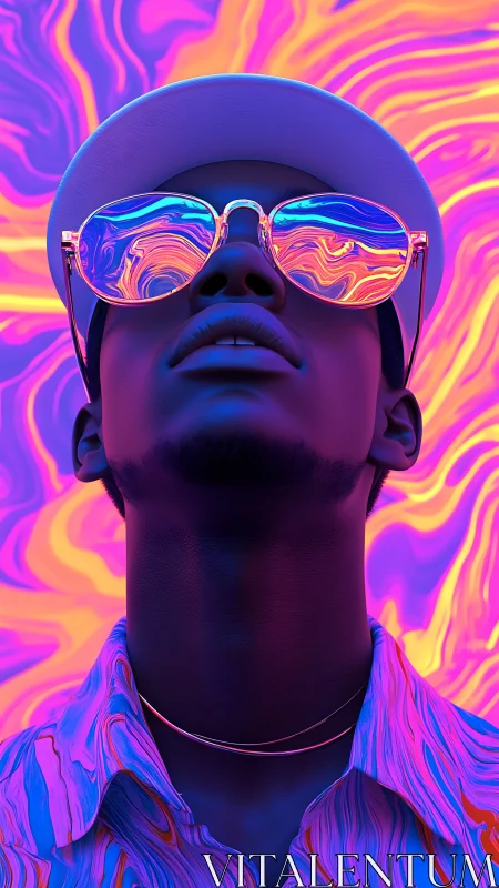 Neon portrait with mirrored sunglasses and fluid chromatic swirls.